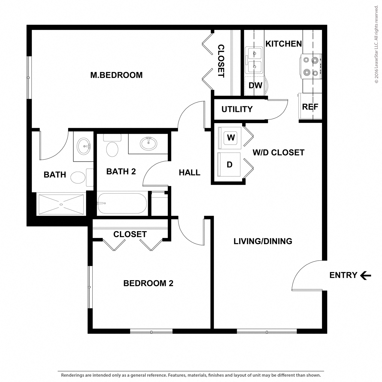 Floor plan for 2 beds, 2 baths, 797 sqft